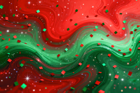 AI generated images. Green and red swirls and conffeti. Christmas background.の素材
