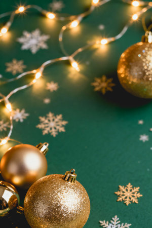 AI generated images. Typical Christmas background, with green and gold colors.の素材