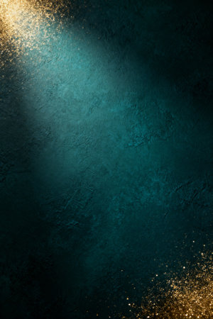 AI generated images. A structured dark blue/green background, with golden glitter and light. Background for Christmas or New Year.の素材