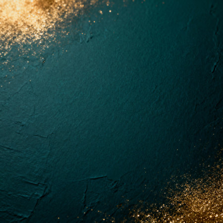 AI generated images. A structured dark blue/green background, with golden glitter and light. Background for Christmas or New Year.の素材