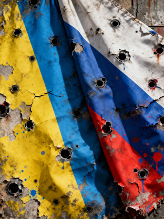 AI generated. Flags of Ukraine and Russia, both totally destroyed and damaged.の素材