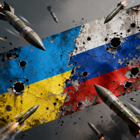 AI generated. Flags of Ukraine and Russia, both totally destroyed and damaged.の素材