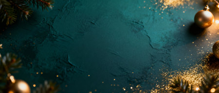 AI generated images. A structured dark blue/green background, with golden glitter and light. Background for Christmas or New Year.の素材
