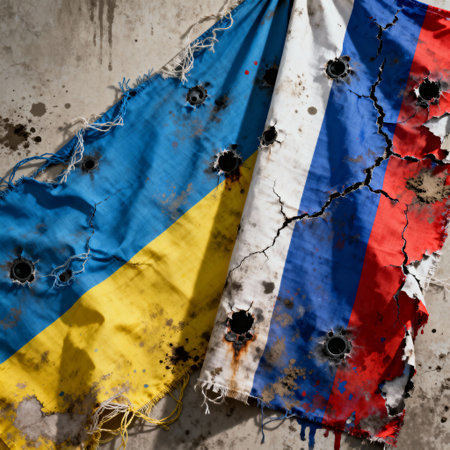 AI generated. Flags of Ukraine and Russia, both totally destroyed and damaged.の素材