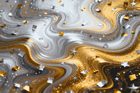 AI generated images. Swirls and confetti with Gold and silver colors. Background for New Year.の素材