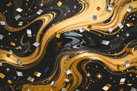 AI generated images. Swirls and confetti with Gold and black colors. Background for New Year.の素材