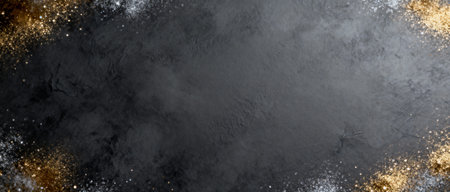 AI generated images. A structured dark gray background, with golden glitter and light. Background for Christmas or New Year.の素材