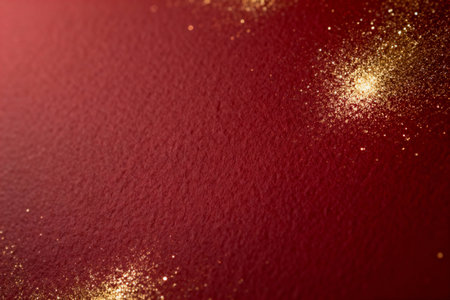 AI generated images. A structured dark red background, with golden glitter and light. Background for Christmas or New Year.の素材