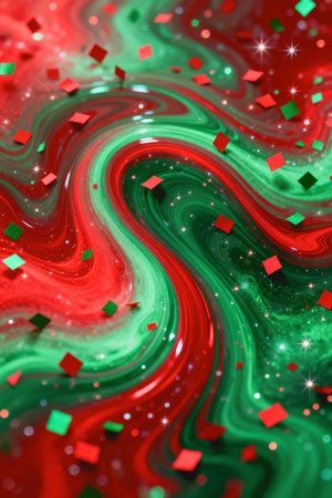 AI generated images. Green and red swirls and conffeti. Christmas background.の素材