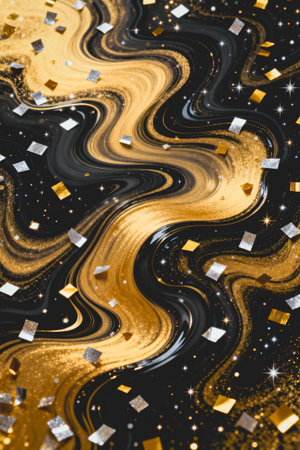 AI generated images. Swirls and confetti with Gold and black colors. Background for New Year.の素材