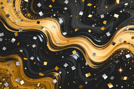 AI generated images. Swirls and confetti with Gold and black colors. Background for New Year.の素材