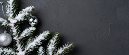 AI generated images. A structured dark gray background, with snowcovered pine tree branches. Background for Christmas.の素材