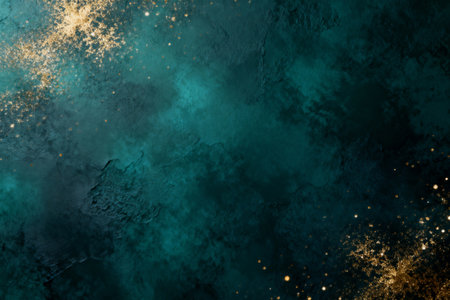 AI generated images. A structured dark blue/green background, with golden glitter and light. Background for Christmas or New Year.の素材