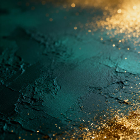 AI generated images. A structured dark blue/green background, with golden glitter and light. Background for Christmas or New Year.の素材
