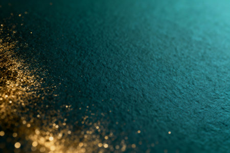 AI generated images. A structured dark blue/green background, with golden glitter and light. Background for Christmas or New Year.の素材