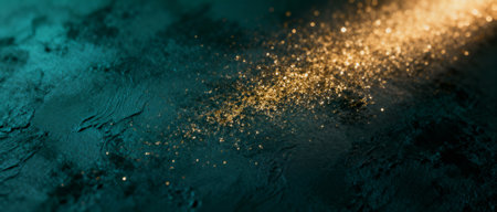 AI generated images. A structured dark blue/green background, with golden glitter and light. Background for Christmas or New Year.の素材