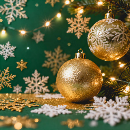 AI generated images. Typical Christmas background, with green and gold colors.の素材