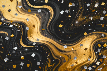 AI generated images. Swirls and confetti with Gold and black colors. Background for New Year.の素材