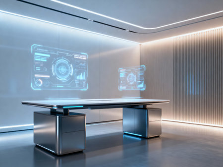 Clean futuristic workspace interior, with hologram interface. Technology background. AI Generated.の素材