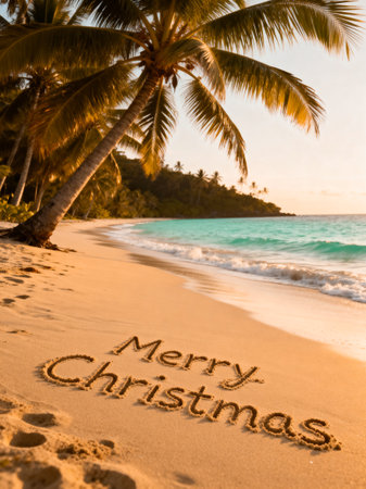 Merry Christmas written down on a tropical beach. AI generated.の素材