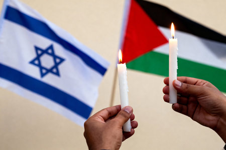 AI generated images. Flags of Israel and Palestine. hands lighting a candle, as a symbol of hope for peace.の素材