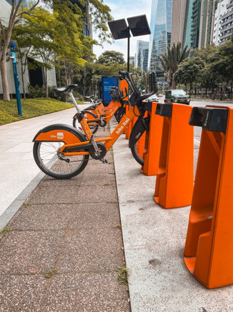 Itau Public bike rental at Faria LIma. Sao Paulo, Brazil. November 22, 2025.のeditorial素材