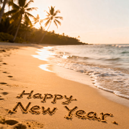Happy New Year written down on a tropical beach. AI generated.の素材