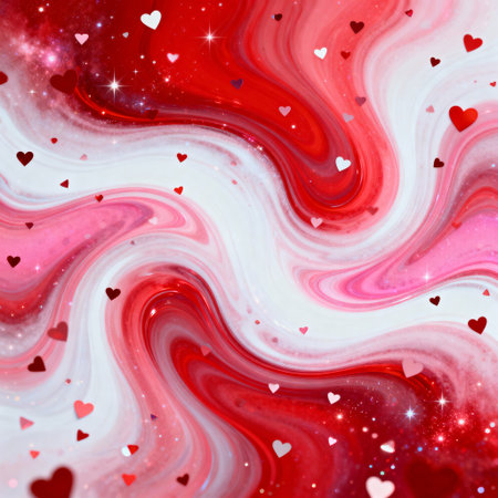 Swirls of red, white and pink with hearts. Valentines day background.の素材