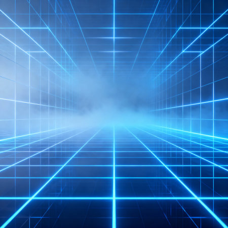 AI generated images. Endless holographic grid with glowing geometric lines receding into the horizon. Tech background.の素材