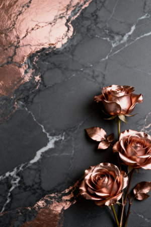 Rose golden roses on a dark grey marble background. Valentines day. AI generated.の素材