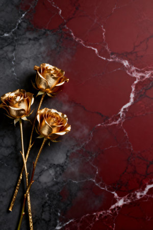 Golden roses on a red and grey marmble background. Valentines day. AI Generated.の素材