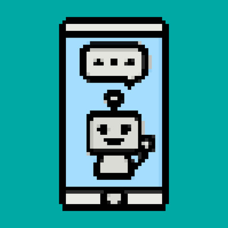 Pixel art robot chat on smartphone isolated on blue background. Vector illustration.