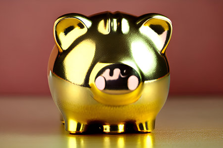 Golden piggy bank on a colorful background, close-up.の素材