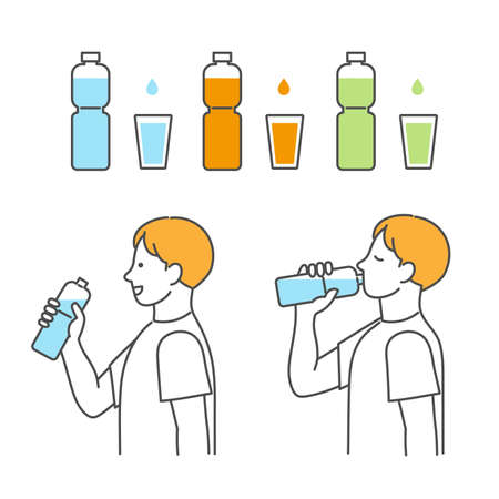 Illustration of a man drinking water in a plastic bottleのイラスト素材