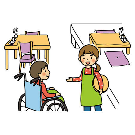 It is an illustration of a clerk asking a person in a wheelchair what he wants to sit in. It is an easy-to-use vector material.のイラスト素材