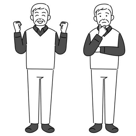 It is a whole body monochrome illustration set of a senior man. Vector data that is easy to edit.のイラスト素材