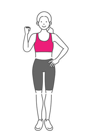 It is a simple whole body illustration of a female sports trainer who poses gutsy. Vector data that is easy to edit.のイラスト素材