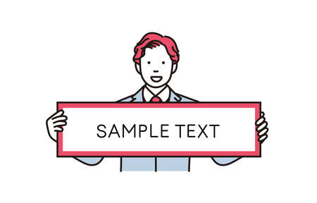 It is a simple illustration of a businessman holding up a signboard. Vector data that is easy to edit.のイラスト素材