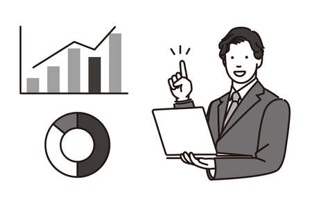 It is a monochrome illustration of a businessman showing a graph and explaining while looking at a laptop. Vector data that is easy to edit.のイラスト素材