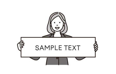It is a monochrome illustration of a business woman holding up a signboard. Vector data that is easy to edit.のイラスト素材