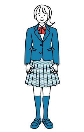 It is a simple illustration of a female student standing facing the front. Vector data that is easy to edit.のイラスト素材