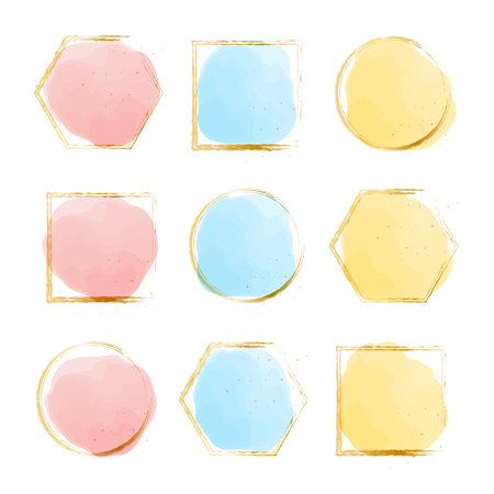 It is an icon set of gold frame and colorful watercolor touch. Vector data that is easy to edit.のイラスト素材