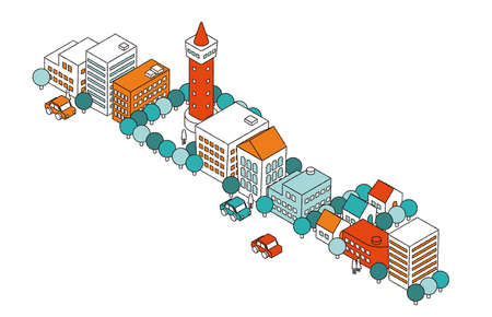 Isometric streetscape illustration (line drawing)のイラスト素材