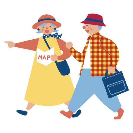 It is an illustration of a fashionable senior couple walking happily. Vector data that is easy to edit. There are other variations.のイラスト素材