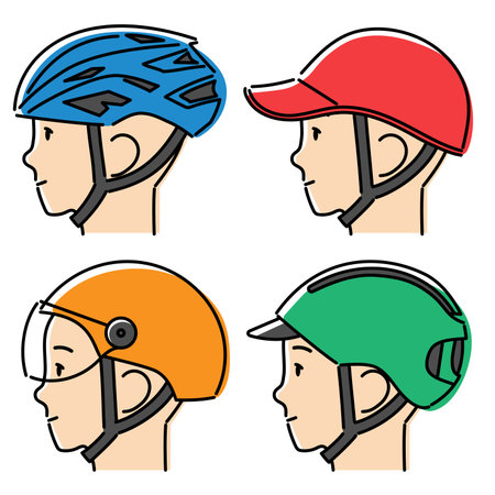 This is a simple illustration set of profiles of people wearing various bicycle helmets. Vector material that is easy to edit.のイラスト素材