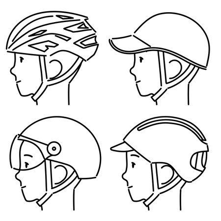 This is a simple illustration set (line drawing) of the profile of a person wearing various bicycle helmets. Vector material that is easy to edit.のイラスト素材
