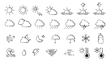 Monochrome hand drawn weather icon set. It is an easy-to-use vector material. There are other variations.のイラスト素材