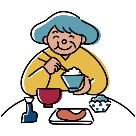 It is an illustration of an elderly woman eating with a smile. It is an easy-to-use vector material.のイラスト素材