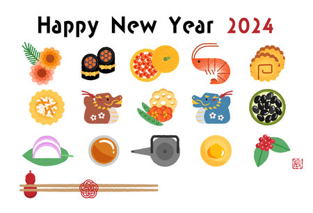 New Year's card for the year of the dragon 2024Clip art of stylish one-plate Japanese New Year Cookingの写真素材