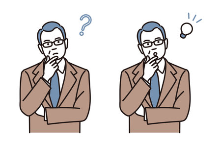 Simple illustration set of a middle-aged businessman thinking with his hand on his chinのイラスト素材